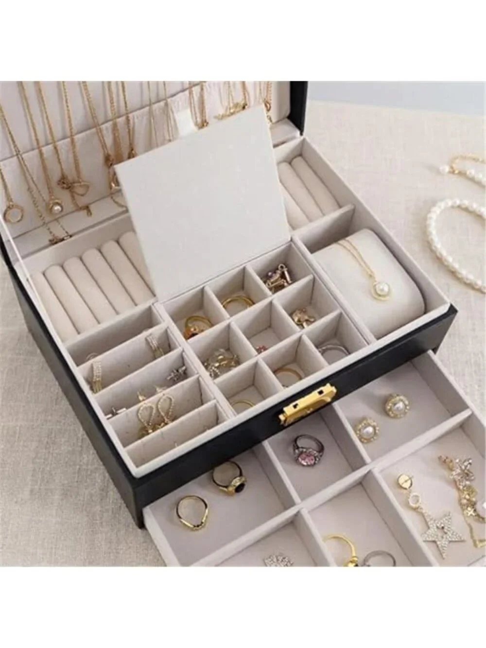 Large Black Jewelry Box Organizer Case Two Layer Storage Earrings Rings Necklace